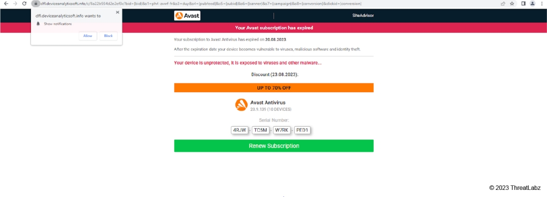 A deceptive Avast-themed webpage falsely indicating that the user's system is vulnerable to virus infections.